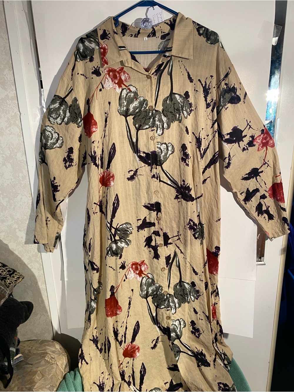 Floral Button-Front Beige Maxi Dress with Wine & Gray Accents